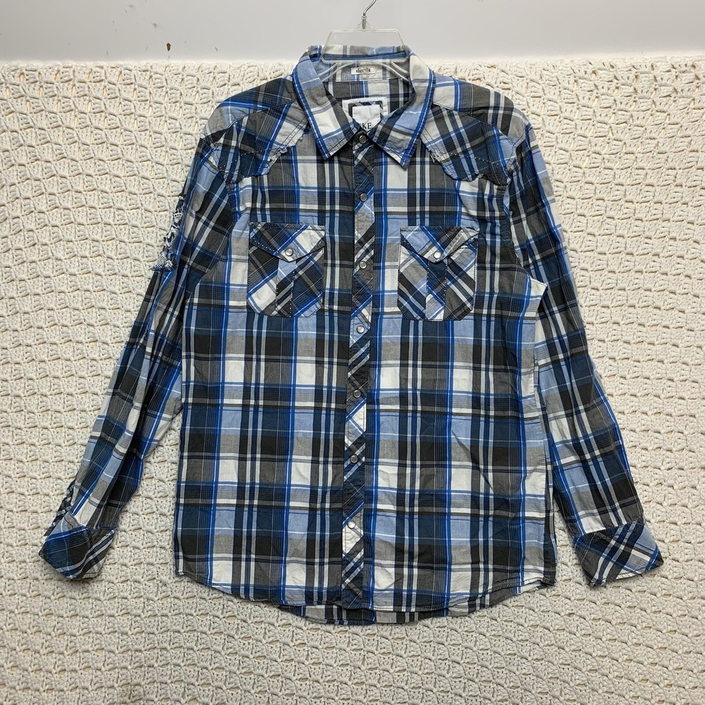BKE Pearl Snap Shirt Men's Large‎  Blue/gray Plaid Long Sleeve Slim Fit Western